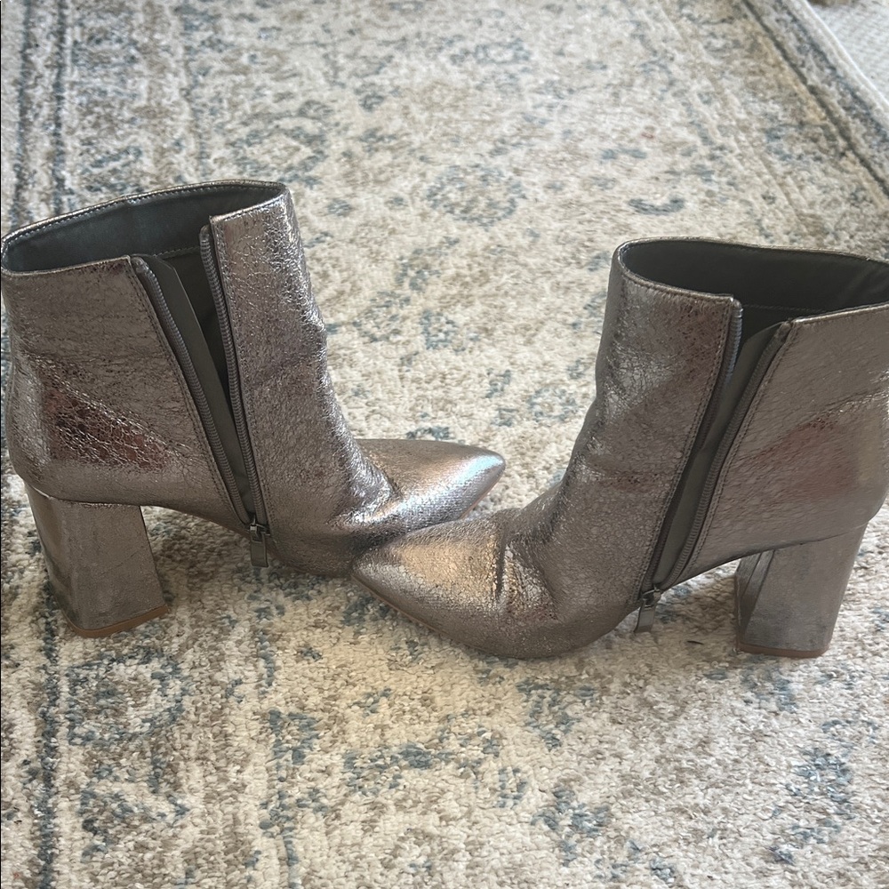 ShuShop Metallic Pewter Pointed-Toe Block Heel Ankle Boots - Picture 6 of 6